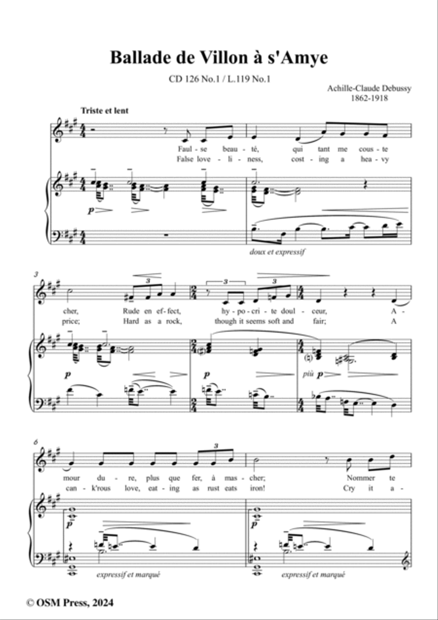 Debussy-Ballade de Villon à s'Amye(Faulse beauté qui tant me couste cher),in f sharp minor,CD 126 No Voice scores gallery preview page 2