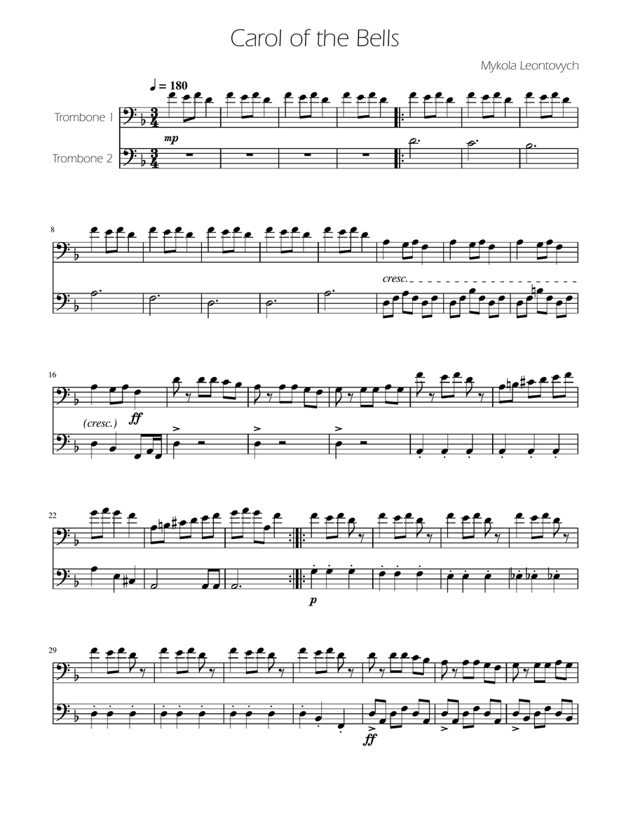 Carol of The Bells - Trombone Duet Trombone Duet scores gallery preview page 1
