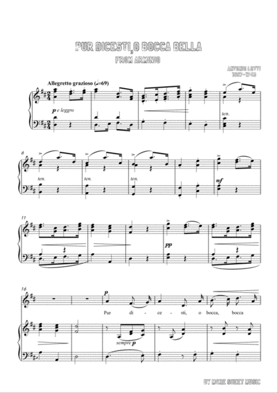 Lotti-Pur dicesti,o bocca bella in D Major,for Voice and Piano image number null
