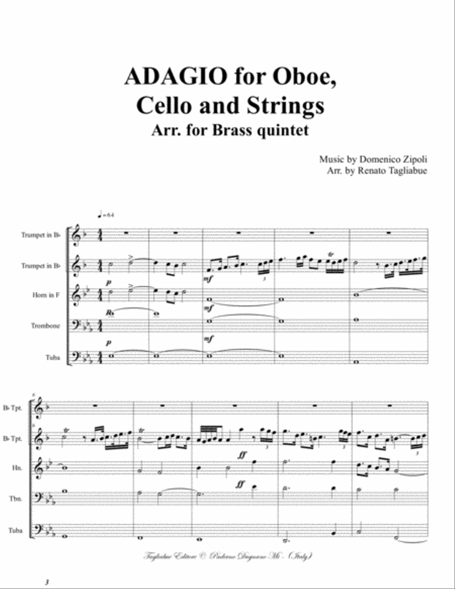 ADAGIO for Oboe, Cello and Strings - Arr. for Brass quintet Brass Ensemble scores gallery preview page 2