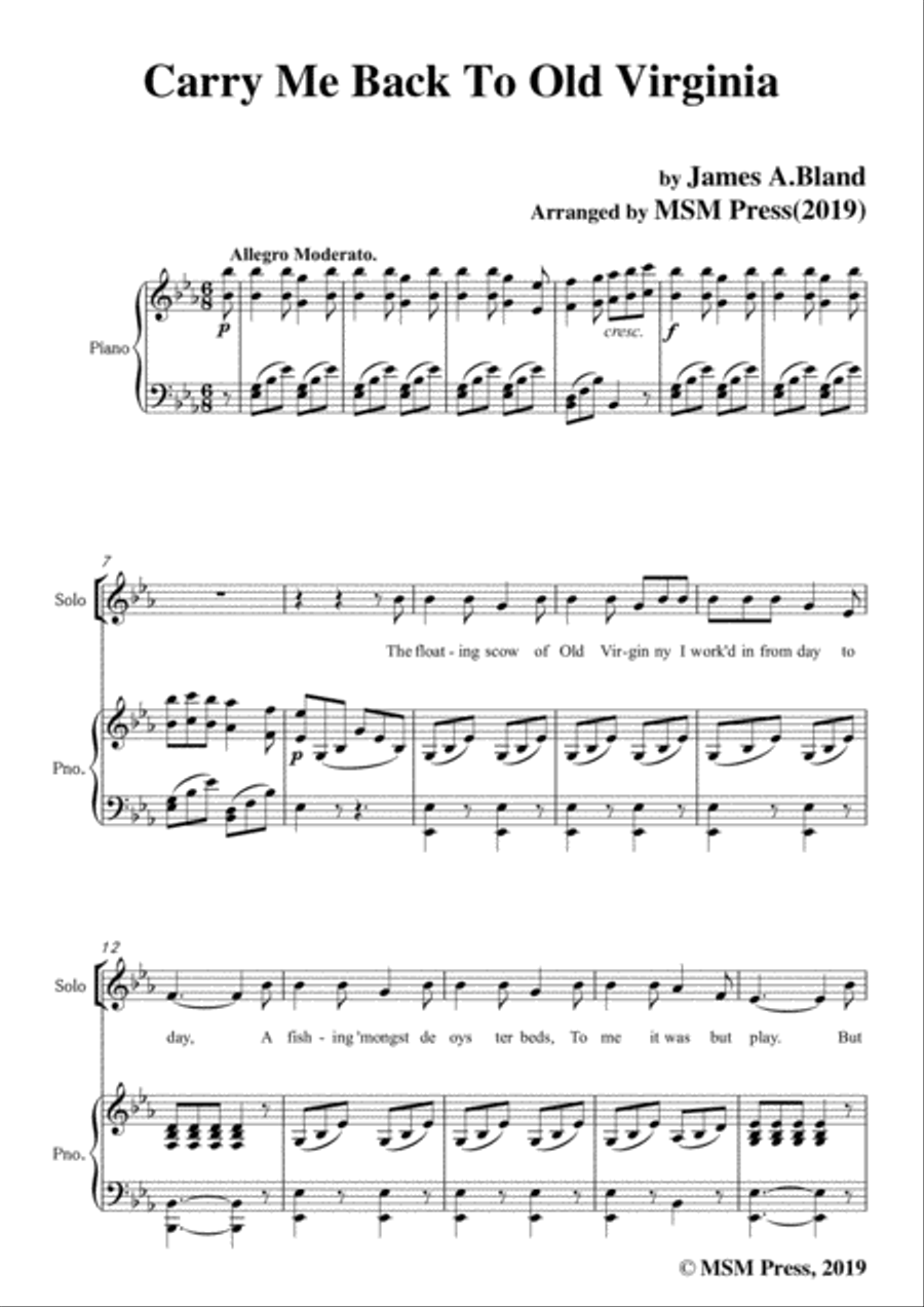 James A. Bland-Carry Me Back To Old Virginny,in E flat Major,for Voice &Pno Voice scores gallery preview page 3