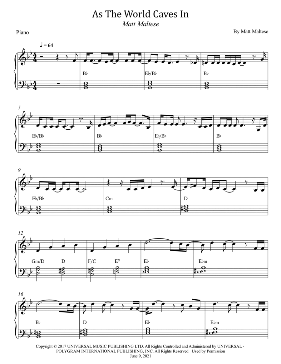 As The World Caves In As The World Caves In Piano Solo scores gallery preview page 1