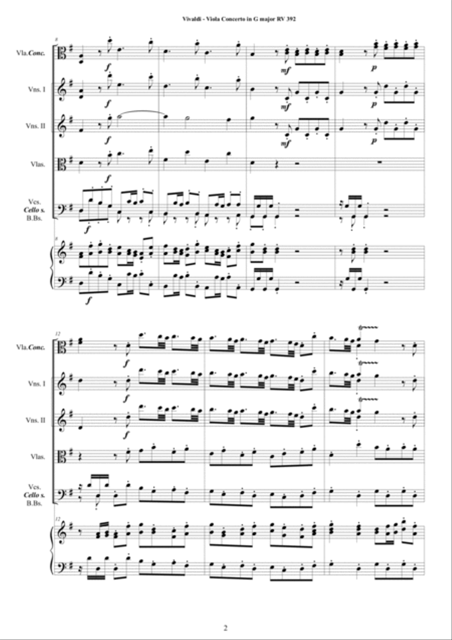 Vivaldi - Viola Concerto in G major RV392 for Viola concertante, Strings and Cembalo Chamber Orchestra scores gallery preview page 2