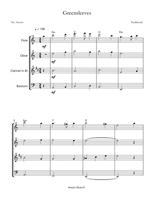 greensleeves woodwind quartet sheet music with chord symbols