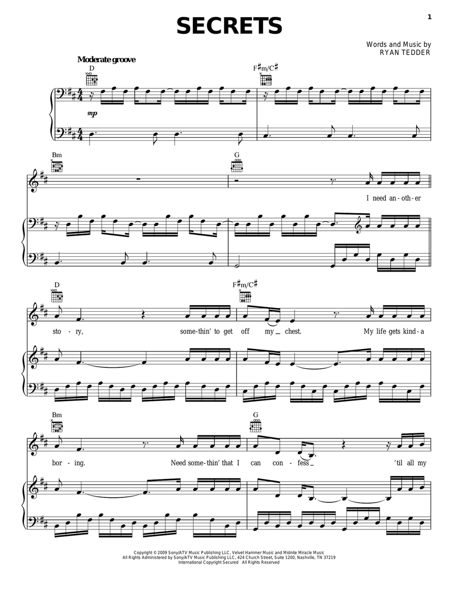 Secrets Piano, Vocal, Guitar scores gallery preview page 1