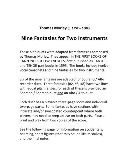 Nine Morley Fantasies for Soprano & Alto Recorder Duets image number null