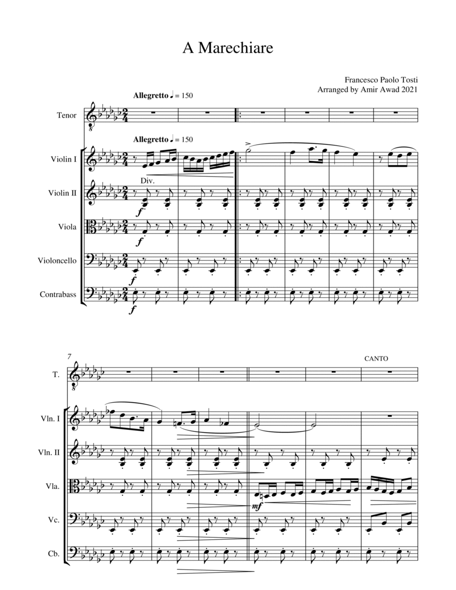 Book cover for Marechiare - Neopolitan Song by Tosti - Arranged for String Orchestra and Tenor in Eb minor