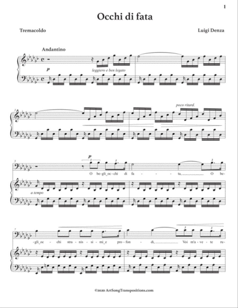 DENZA: Occhi di fata (transposed to G-flat major, bass clef) Voice scores gallery preview page 2