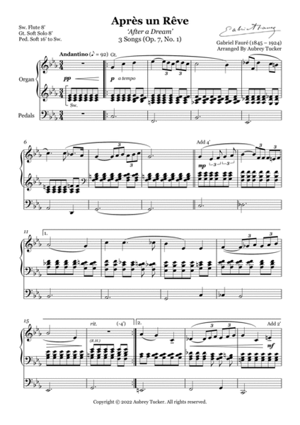 Organ: Apres Un Reve 'After a Dream' (3 Songs, Op. 7, No. 1) - Gabriel Faure image number null