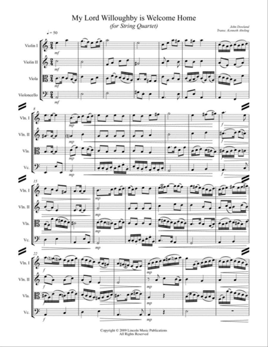 My Lord Willoughby is Welcome Home (for String Quartet) String Quartet scores gallery preview page 2