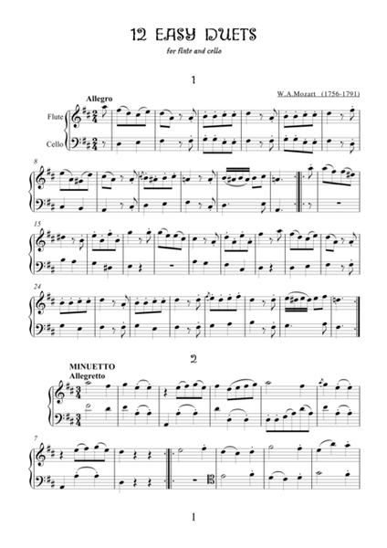 Easy Duets by Wolfgang Amadeus Mozart, transcription for flute and cello