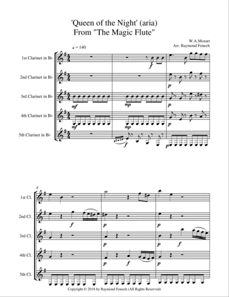 Queen of the Night - From the Magic Flute - 5 B Flat Clarinets Quintet Clarinet Quintet scores gallery preview page 4