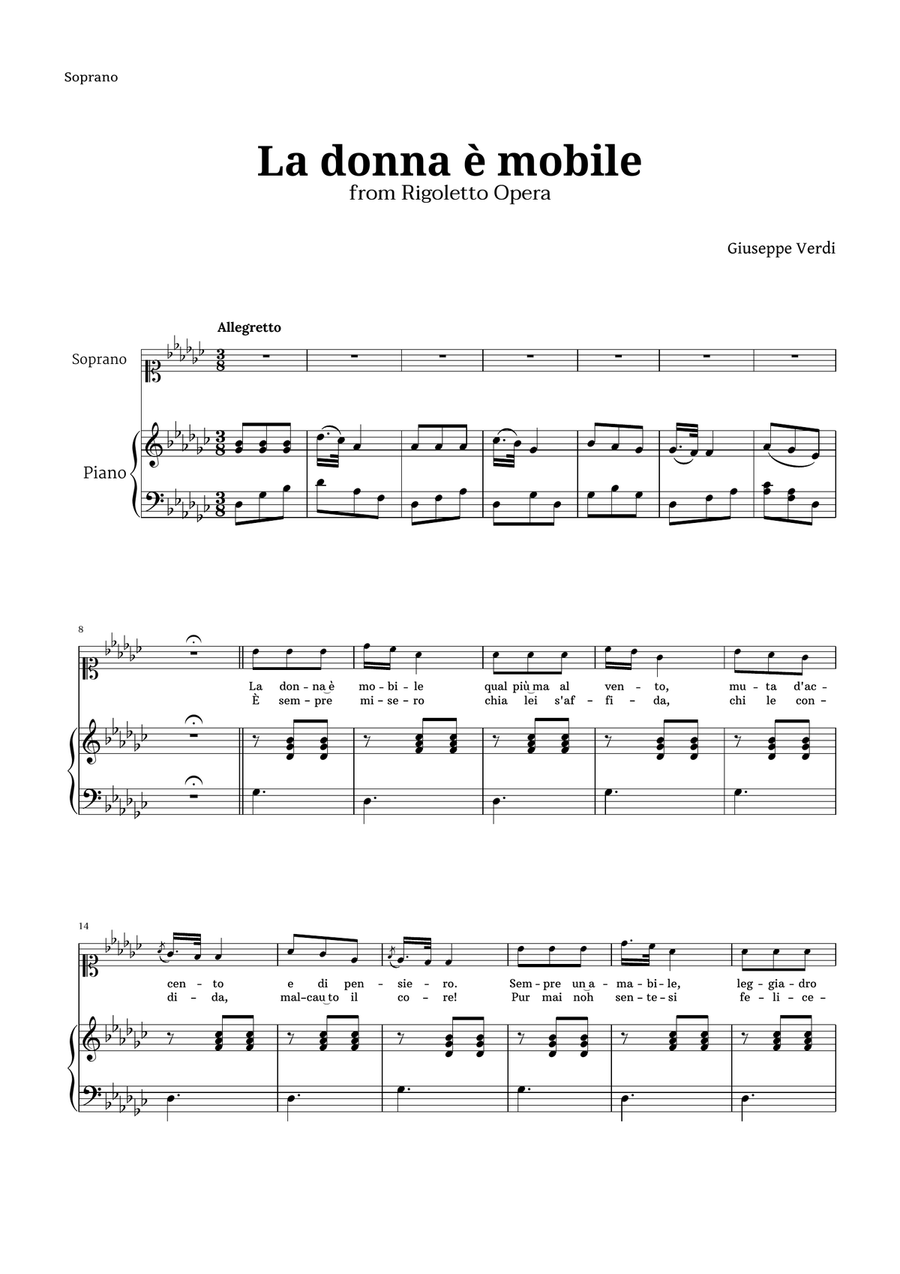 La donna è mobile in G-flat major for Soprano and Piano Piano, Vocal scores gallery preview page 1