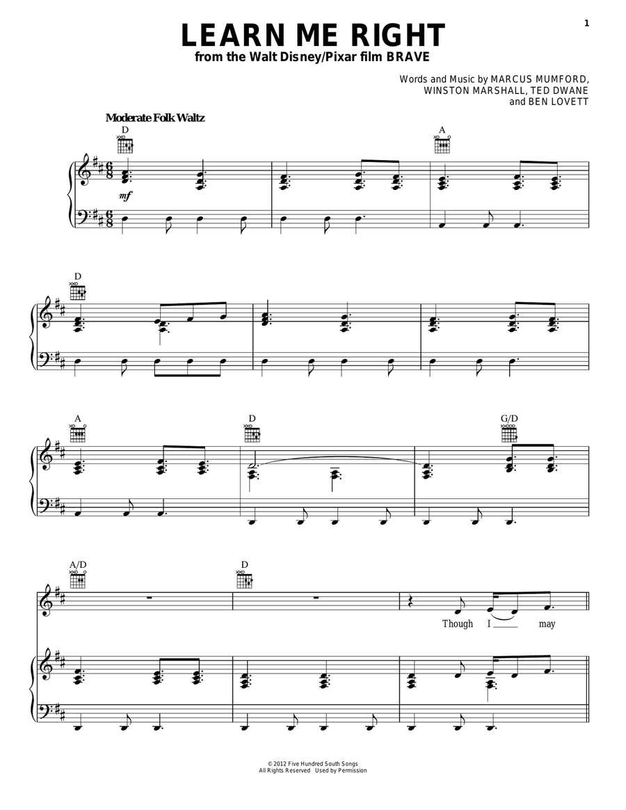 Learn Me Right Piano, Vocal, Guitar scores gallery preview page 1