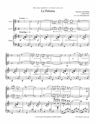 La Paloma - 2 Violins and Piano