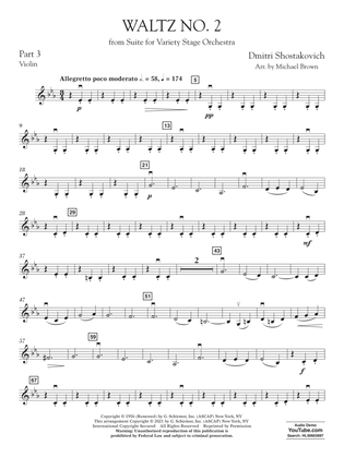 Book cover for Waltz No. 2 (from Suite for Variety Stage Orchestra) (arr. Brown) - Pt.3 - Violin