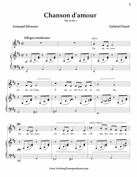 FAURÉ: Chanson d'amour, Op. 27 no. 1 (transposed to D major)