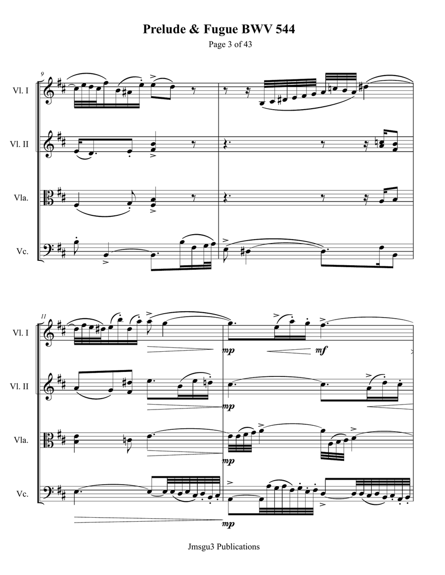 Bach: Prelude & Fugue in B Minor BWV 544 for String Quartet String Quartet scores gallery preview page 3