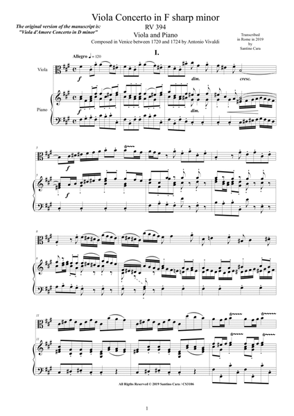 Vivaldi - Viola Concerto in F sharp minor RV394 for Viola and Piano image number null
