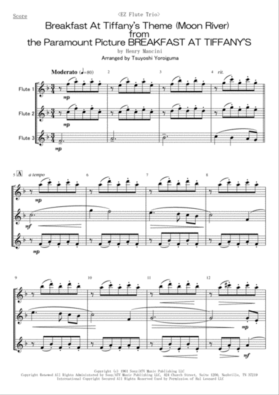 Breakfast At Tiffany's Theme from the Paramount Picture BREAKFAST AT TIFFANY'S Woodwind Trio scores gallery preview page 1