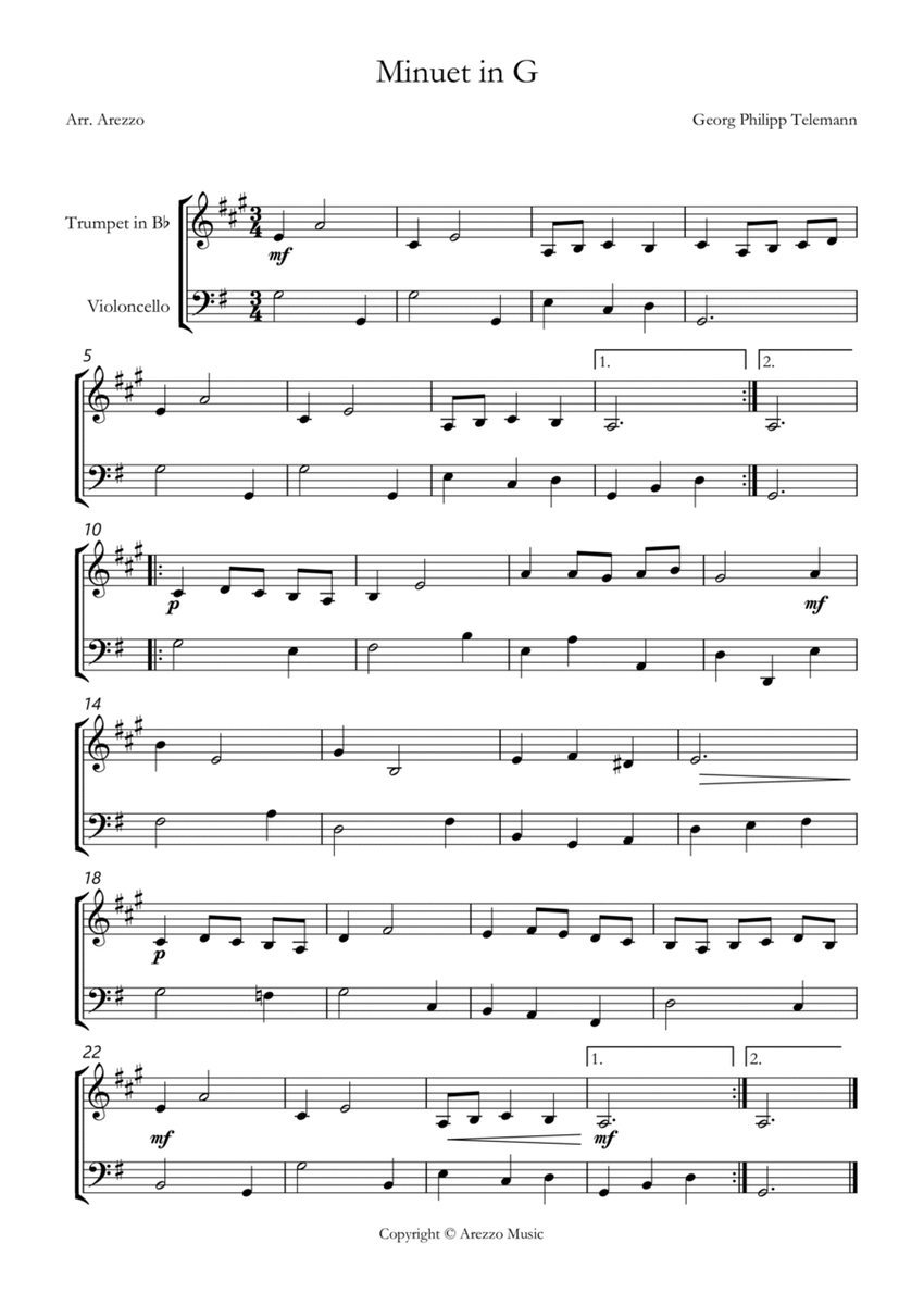 telemann twv 32:13 minuet in g Trumpet and Cello sheet music image number null