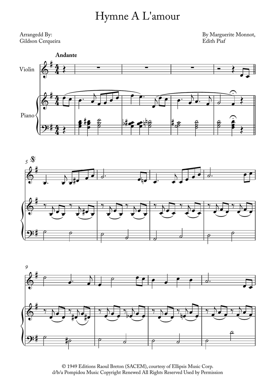 Hymne A L'amour Violin Solo scores gallery preview page 1