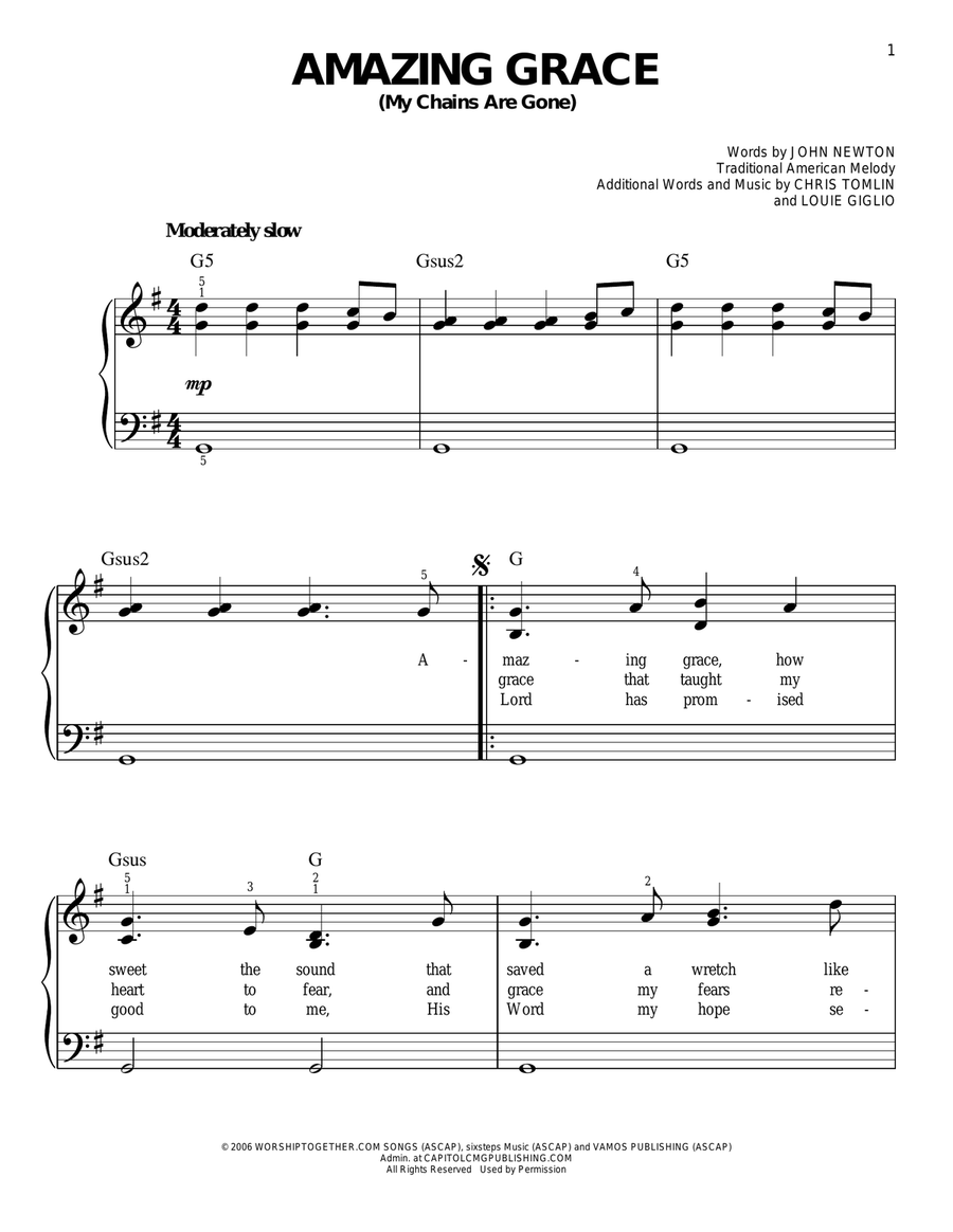 Amazing Grace (My Chains Are Gone) Easy Piano scores gallery preview page 1