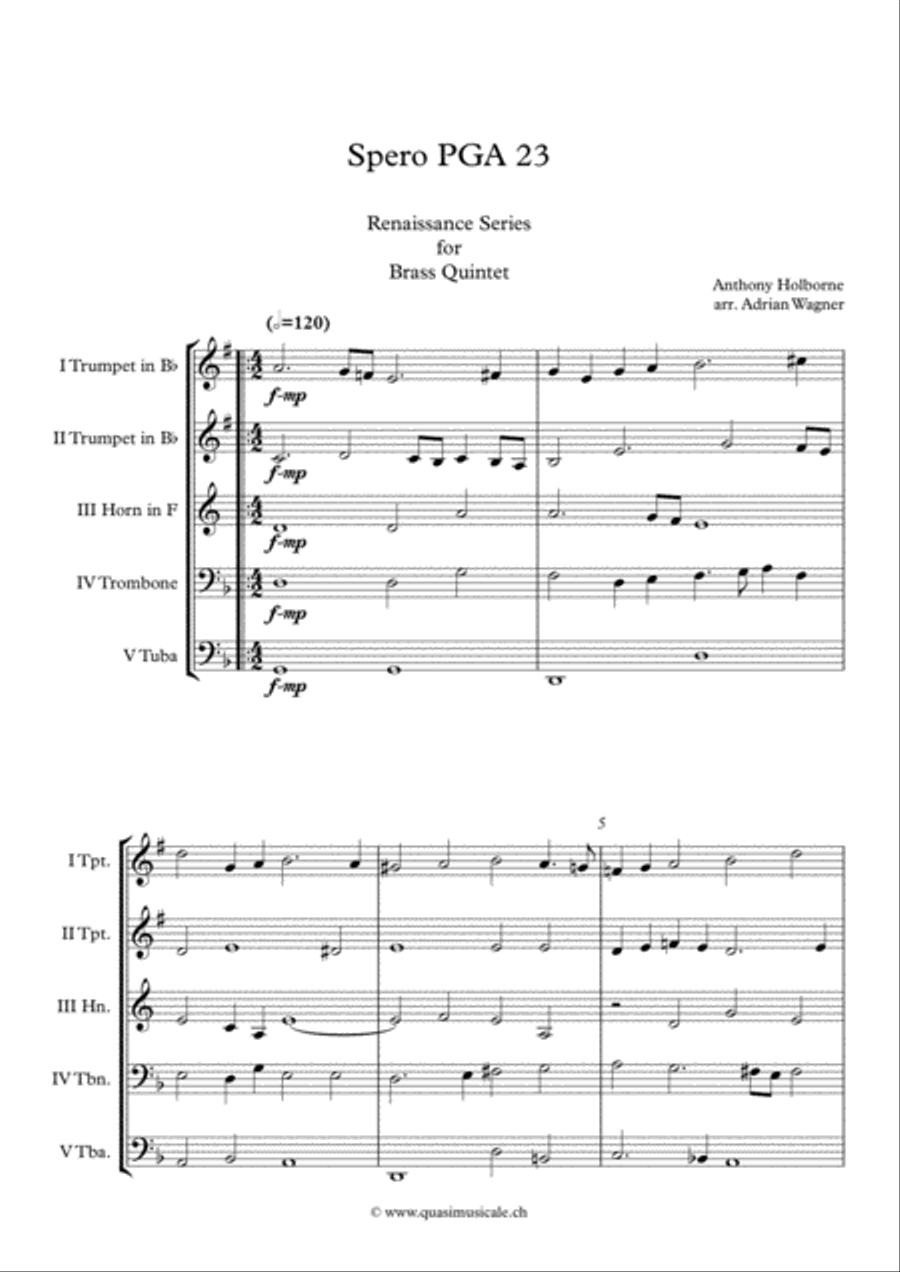 Spero PGA 23 (Anthony Holborne) Brass Quintet arr. Adrian Wagner Brass Quintet scores gallery preview page 2