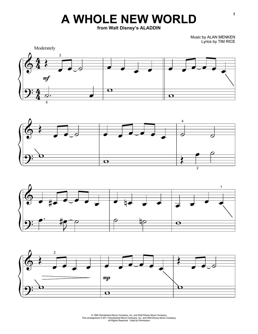 A Whole New World (from Aladdin) Easy Piano scores gallery preview page 1