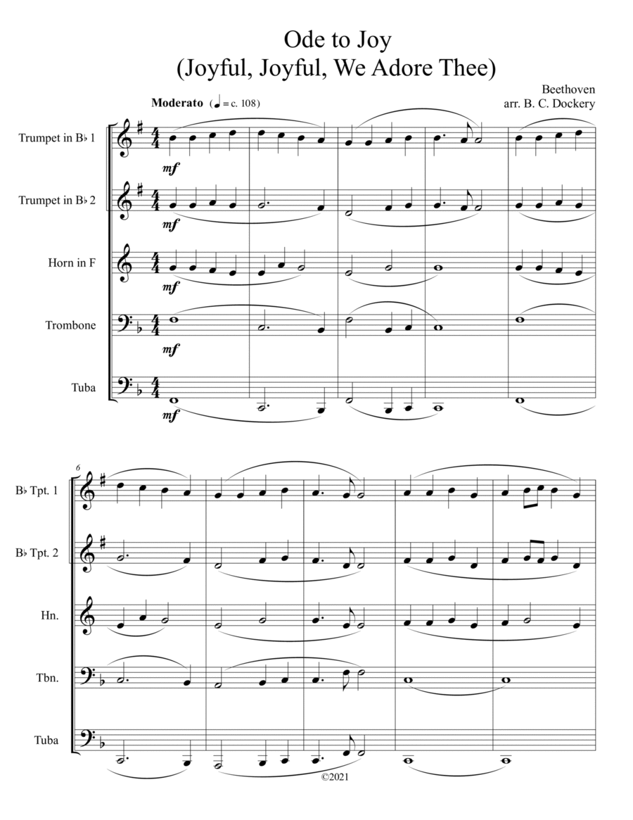 Ode to Joy (Joyful, Joyful, We Adore Thee) for Brass Quintet Brass Quintet scores gallery preview page 1