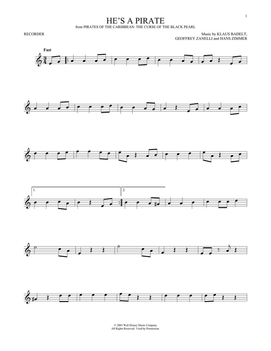 He's A Pirate (from Pirates Of The Caribbean: The Curse of the Black Pearl) Recorder scores gallery preview page 1