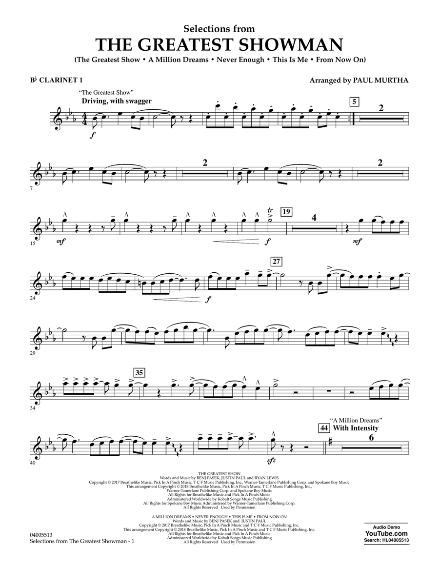 Selections from The Greatest Showman (arr. Paul Murtha) - Bb Clarinet 1 Concert Band scores gallery preview page 1