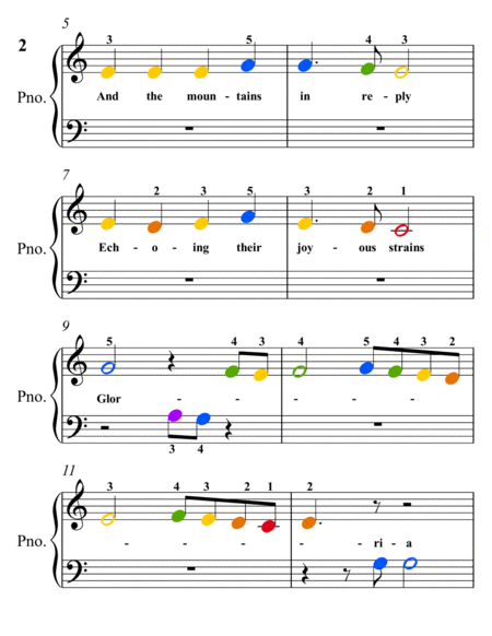 Angels We Have Heard On High Beginner Piano Sheet Music with Colored Notation