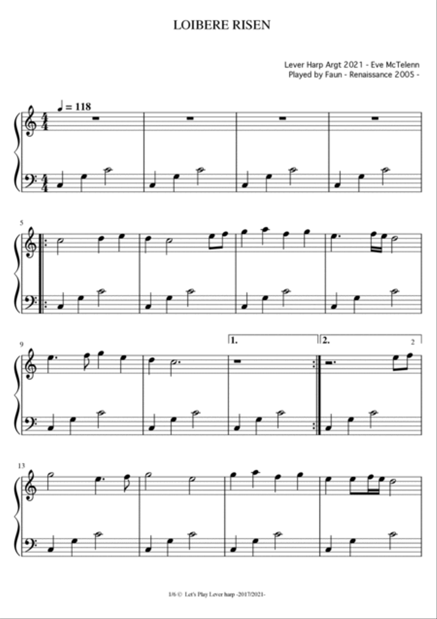 Loibere Risen - Medieval Tune - 3 Harp Version - beginner 19 & 27 String Harp | McTe Celtic Harp scores gallery preview page 2