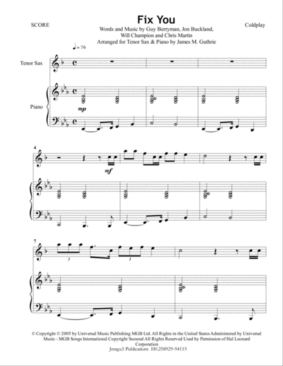 Fix You Tenor Saxophone scores gallery preview page 1