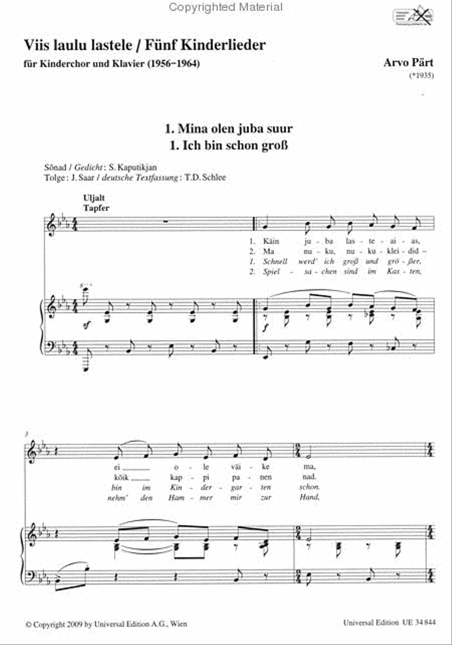 Viis Laulu Lastele / Fünf Kinderlieder Unison Choir scores gallery preview page 2