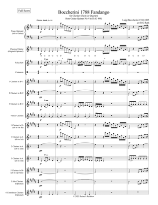 Book cover for Boccherini 1788 Fandango Clarinet Quartet or Choir With Optional Piano or Guitar