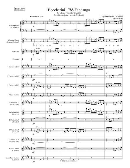 Boccherini 1788 Fandango Clarinet Quartet or Choir With Optional Piano or Guitar