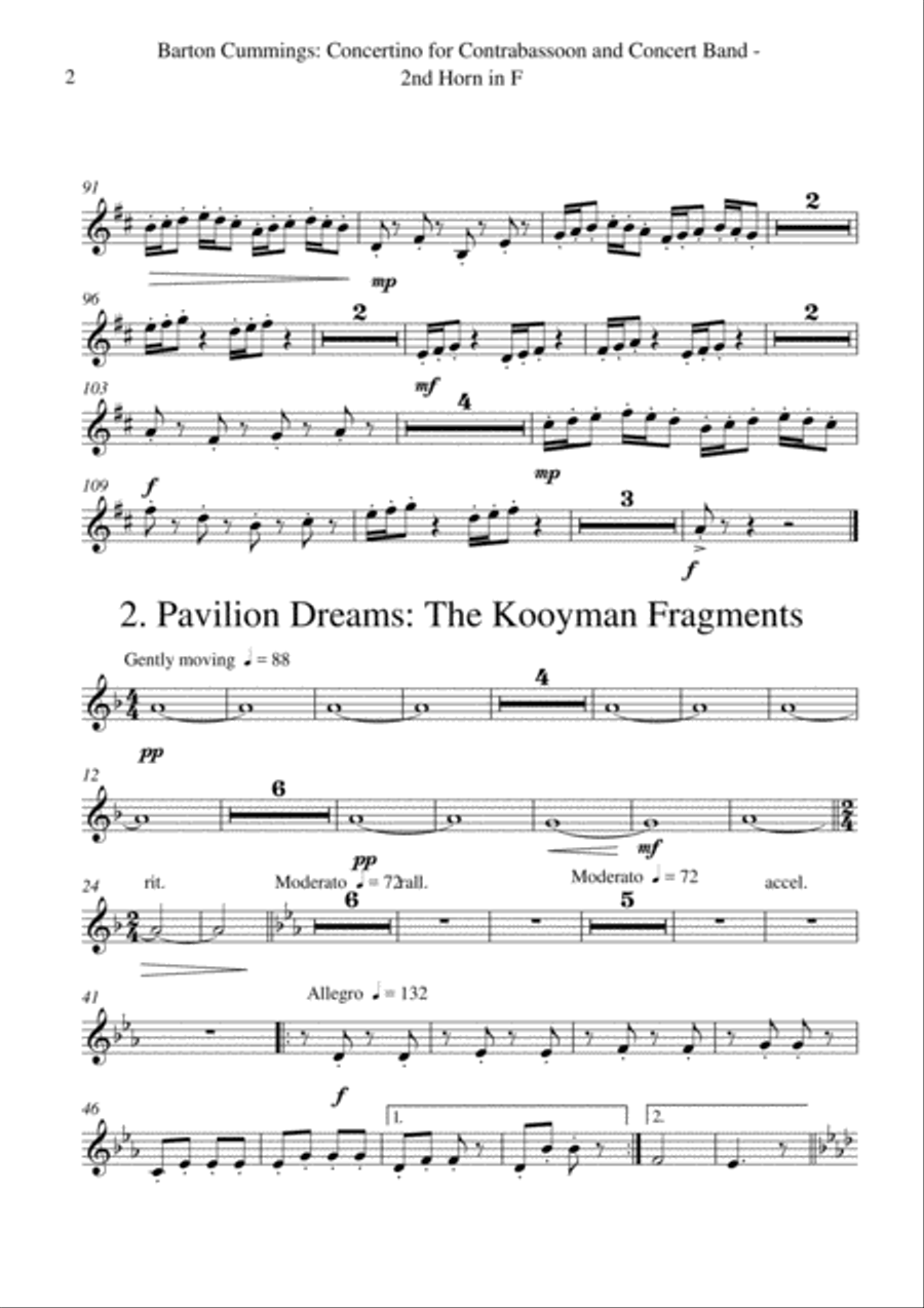 Barton Cummings: Concertino for contrabassoon and concert band, 2nd F horn part Concert Band scores gallery preview page 2