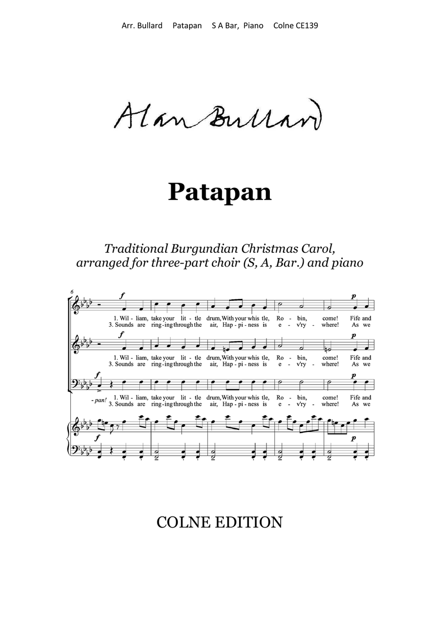 Patapan (traditional carol arranged for SABar and piano) 3-Part scores gallery preview page 1