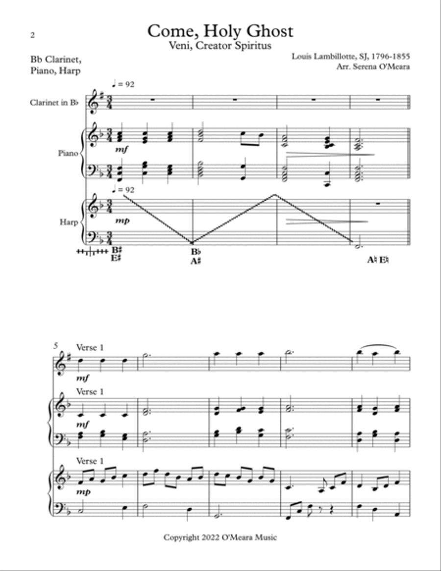 Come, Holy Ghost, Trio for Bb Clarinet, Harp, Piano image number null