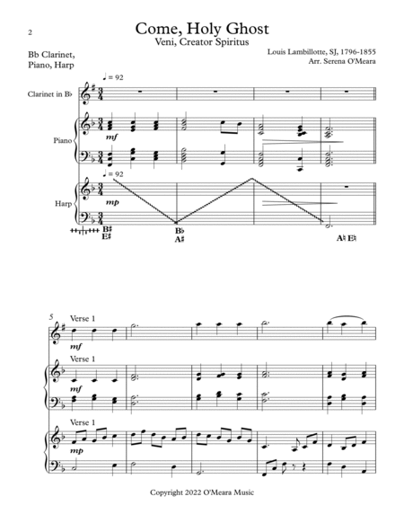 Come, Holy Ghost, Trio for Bb Clarinet, Harp, Piano by Serena O'Meara B-Flat Clarinet - Digital Sheet Music