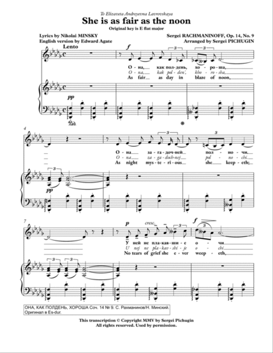 RACHMANINOFF Sergei: She is fair as a noon, an art song with transcription and translation (D flat m Low Voice scores gallery preview page 3