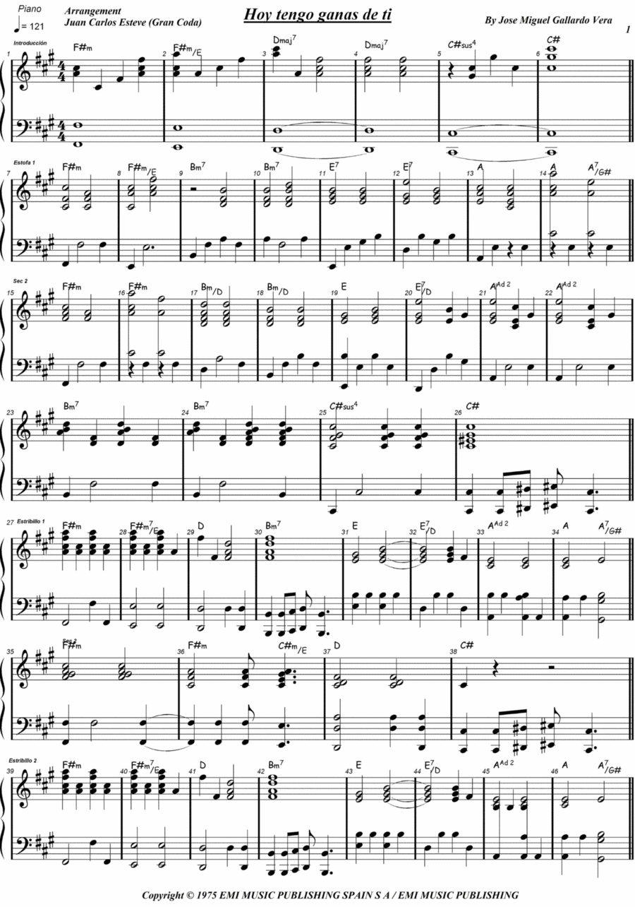 Hoy Tengo Ganas De Ti Hoy Tengo Ganas De Ti Bass Voice scores gallery preview page 1