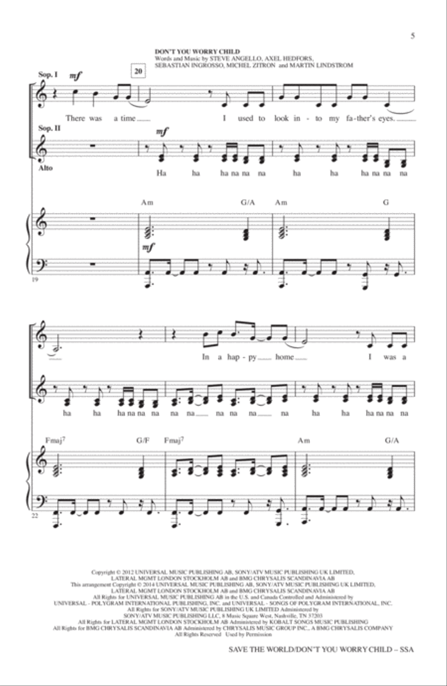 Save The World/Don't You Worry Child SSA scores gallery preview page 4