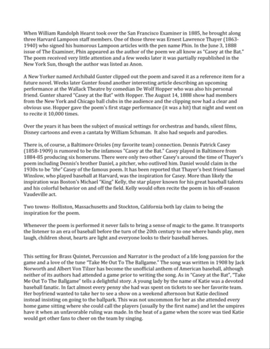 Casey at the Bat for Brass Quintet, Percussion and Narrator Brass Ensemble scores gallery preview page 3