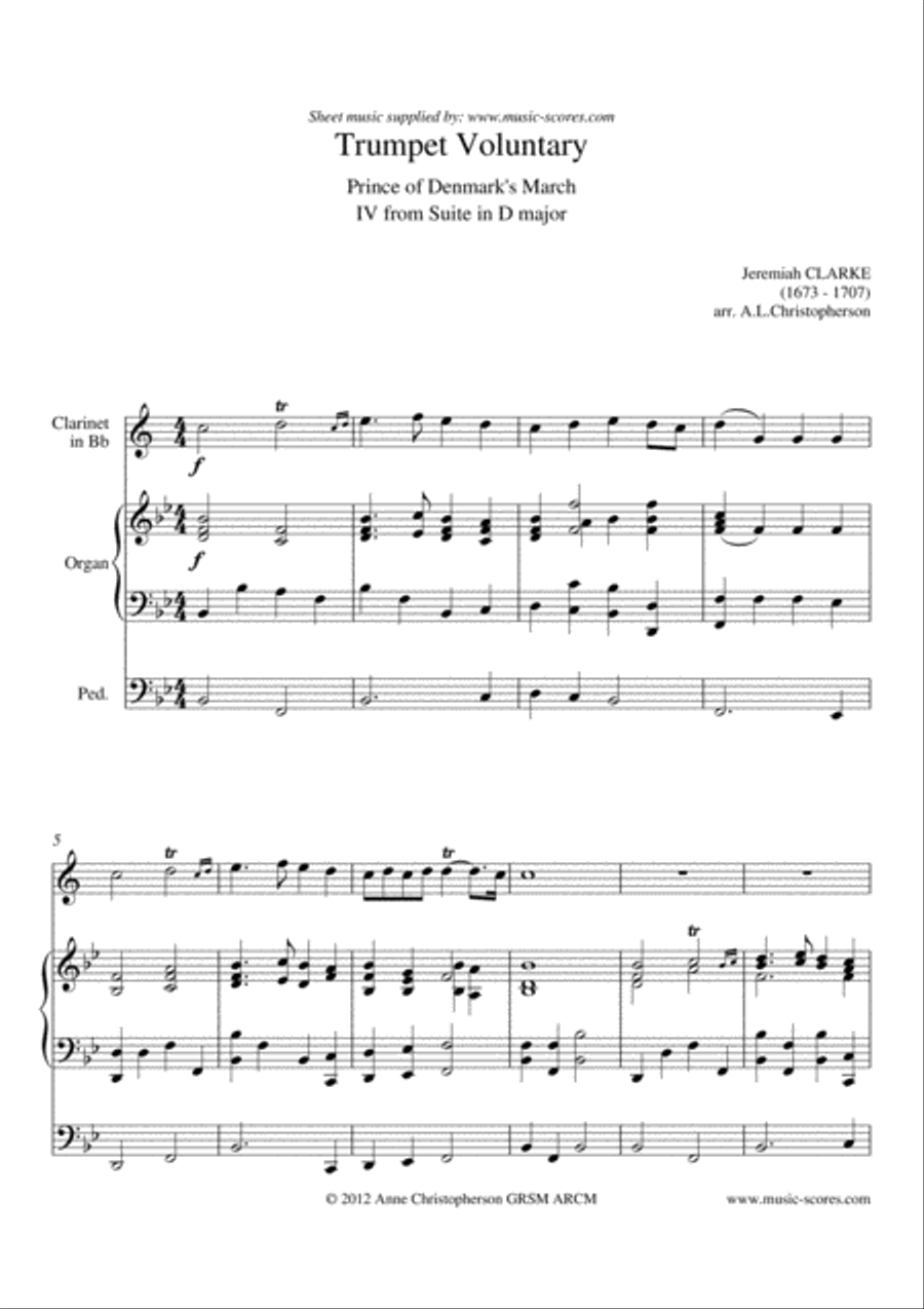 Trumpet Voluntary, or Prince of Denmark's March - Clarinet and Organ - Bb major Clarinet scores gallery preview page 1
