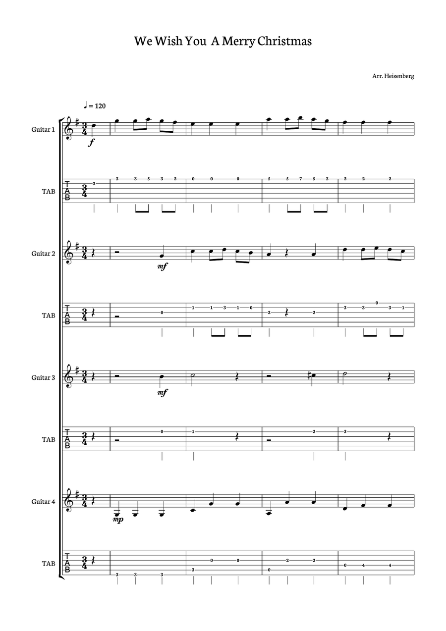 We Wish You a Merry Christmas for guitar quartet with tab. Score and parts Included. Guitar Ensemble scores gallery preview page 1