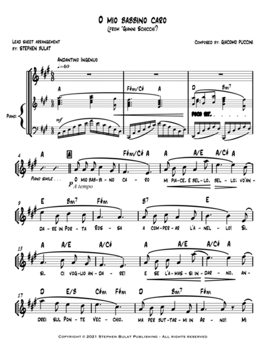 O Mio Babbino Caro (Pavarotti) - Lead sheet (key of A)