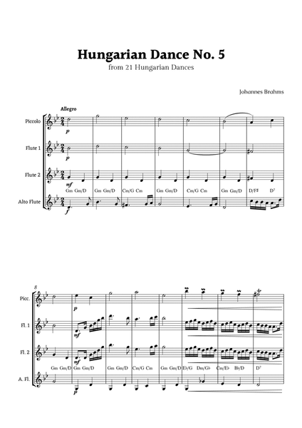 Hungarian Dance No. 5 by Brahms for Flute Ensemble with Chords image number null